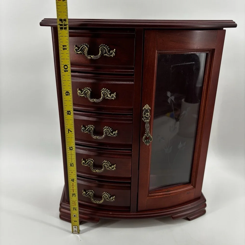 Vintage Mahogany Wood Jewelry Armoire Chest - Etched Glass Door & 5 Drawers